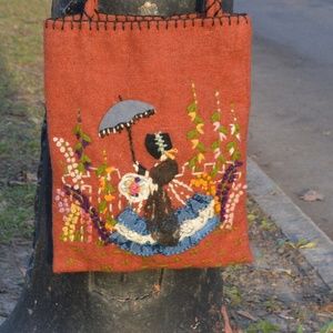 Vintage Handcrafted Embroidered Wool Tote Handbag